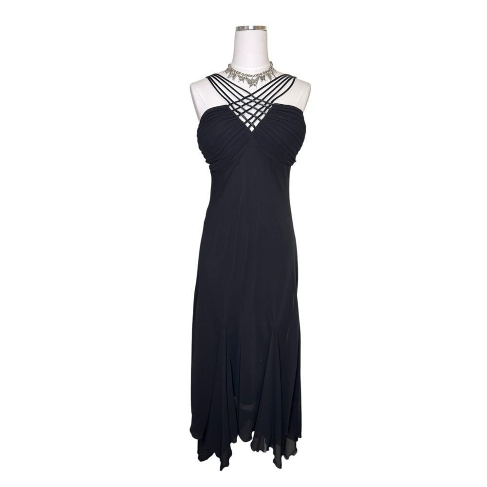 Y2K S L Fashions Black Criss Cross Strap Fairy Hemline Maxi Dress Size 14